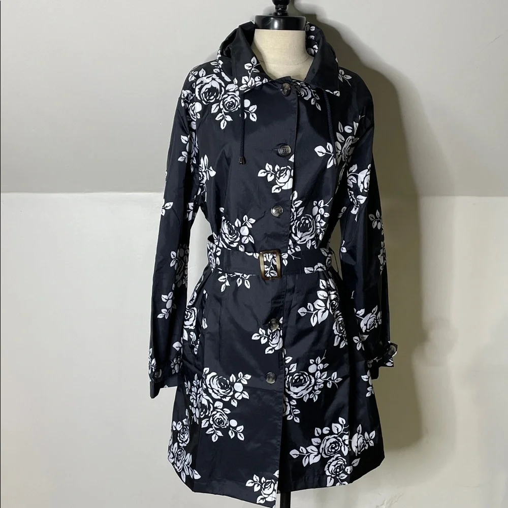 Capelli New York black and white floral print hooded RainTrench Coat - Picture 2 of 16